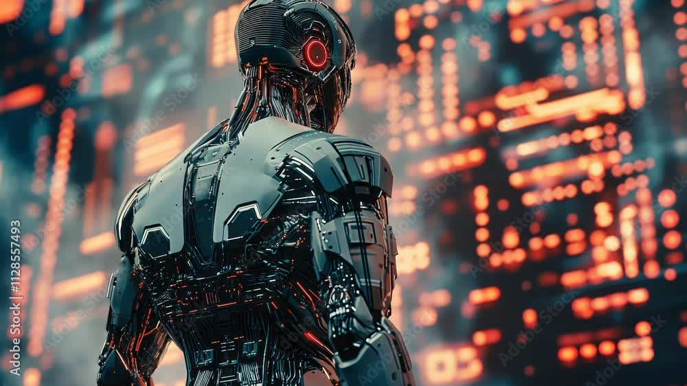 Poster robot stands in front of a cityscape with a red glowing background. the robot is wearing a black sui