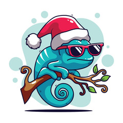 Cute cartoon chameleon in santa hat and sunglasses. Vector illustration. © Bara Shofiyan 