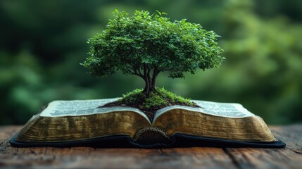 tree growing out of an open bible on a wooden table with blurred background