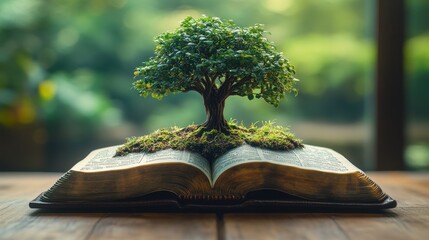 tree growing out of an open bible on a wooden table with blurred background