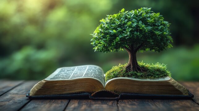 tree growing out of an open bible on a wooden table with blurred background
