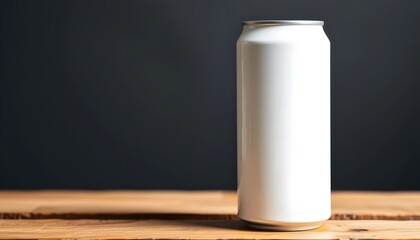plain white canned drink mock up standing on wooden table