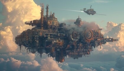 A Steampunk Airship Soaring Through Cloudy Skies