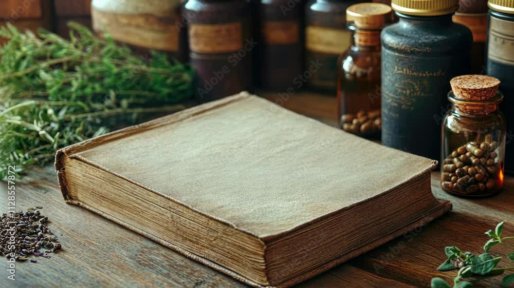 Poster book is sitting on a table with a few bottles and a jar of herbs. the book is open to a blank page, 