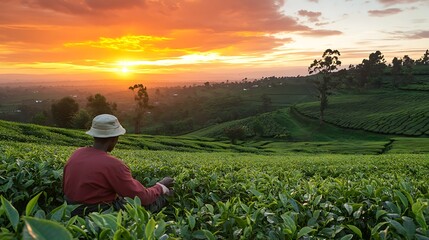 Fototapeta premium A tranquil tea field at dawn with a single farmer carefully picking tea leaves, surrounded by rows of lush greenery and a vibrant sky painted in hues of orange and pink. --ar 16:9