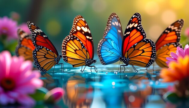 Vibrant butterflies rest on a sparkling water surface surrounded by colorful flowers in a serene garden setting.