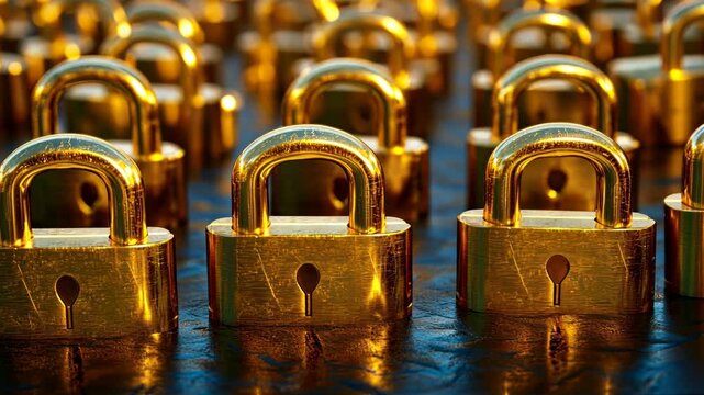 Row of gold locks are arranged in a row. The locks are all the same size and shape, and they are all facing the same direction