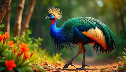 Majestic peacock strolling through a vibrant forest path surrounded by lush greenery and bright flowers, showcasing its stunning plumage and regal presence.