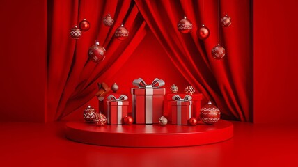 Elegant Red Holiday Decor with Gifts and Ornaments. A festive scene featuring red curtains, beautifully wrapped gifts, and hanging ornaments, perfect for holiday-themed designs.