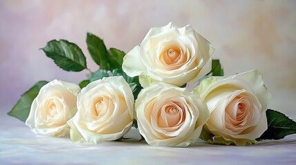 Obraz premium Dreamy arrangement of white roses painted in translucent watercolors, petals tinged with subtle hints of pink and green, set against barely-there lavender background.