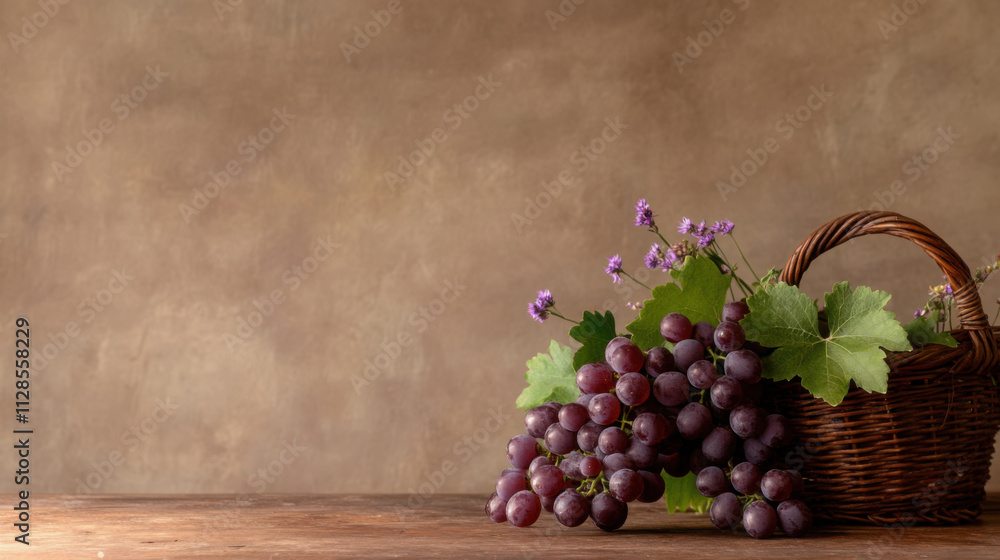 Poster freshly picked grape clusters in rustic basket with green leaves and flowers create charming still l