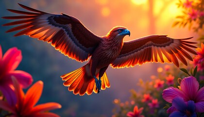 Obraz premium A majestic eagle soars gracefully amidst vibrant flowers, bathed in the warm glow of a golden sunset.