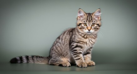Obraz premium Portrait of a fluffy tabby kitten with striking stripes against a soft green background