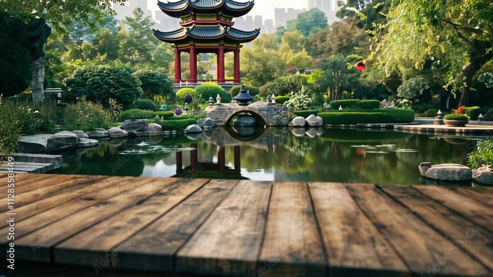 Poster wooden table with a view of a pond and a pagoda in the background. the table is empty and the view i