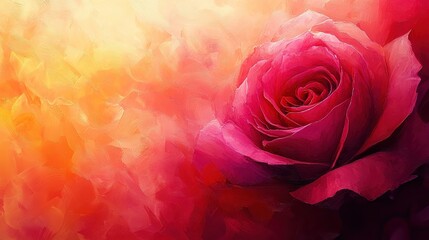  Abstract take on roses with vivid magenta and fuchsia hues bleeding into soft gradient background of warm pinks and oranges, evoking ethereal mood.