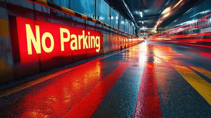  Artistic depiction of "No Parking" message painted directly onto road in bold red letters, with blurred motion of passing cars creating sense of urgency.