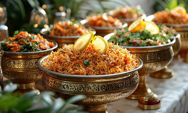 A vibrant display of biryani garnished with lemon, showcasing a festive food arrangement.