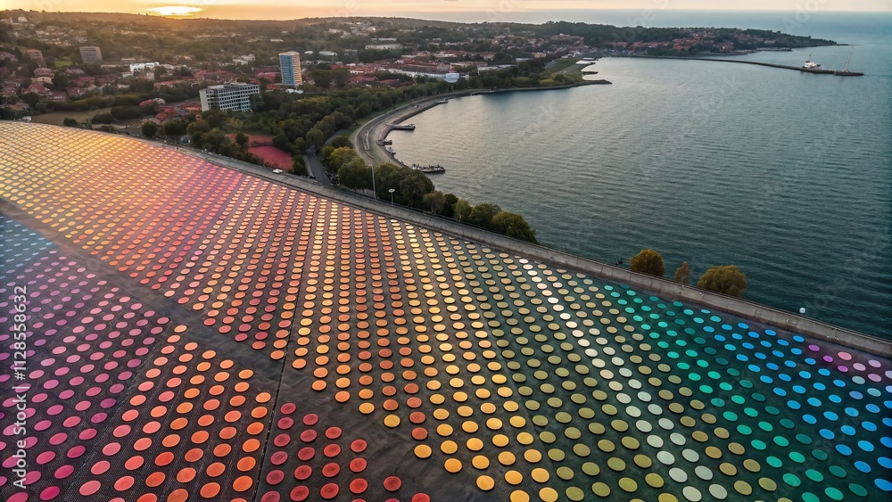 Poster aerial photography of gradient halftone dots background in vibrant colors, showcasing unique pattern
