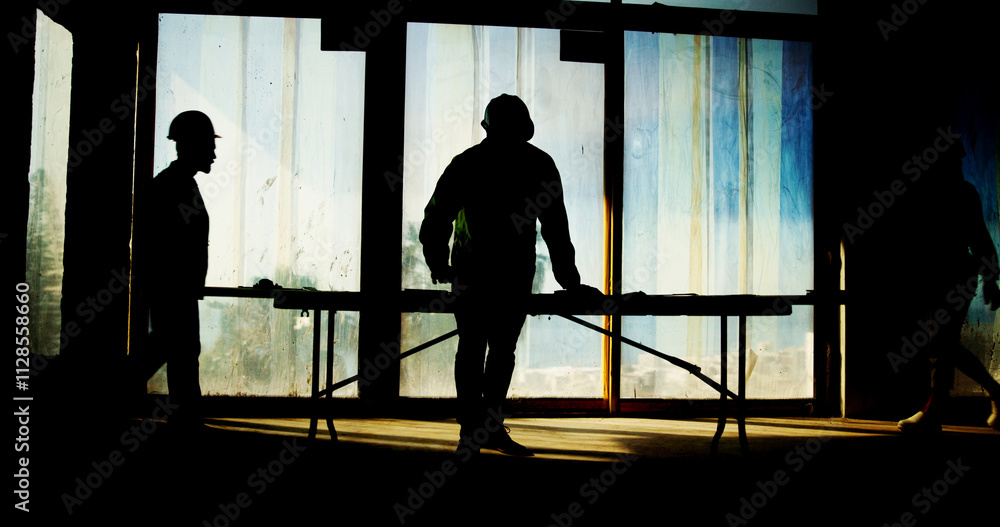 Poster Silhouette, construction worker and architect with blueprint on site for building compliance, property development and planning. Maintenance, person and floor design for remodeling and architecture