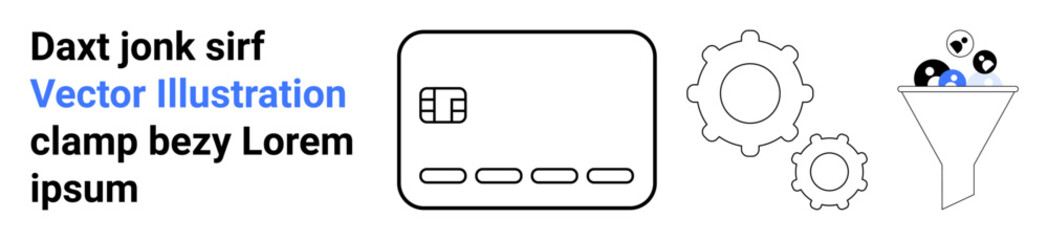 Credit card icon, gears, and funnel with various elements and placeholder text. Ideal for finance, technology, business processes, data management, automation, integration digital transitions