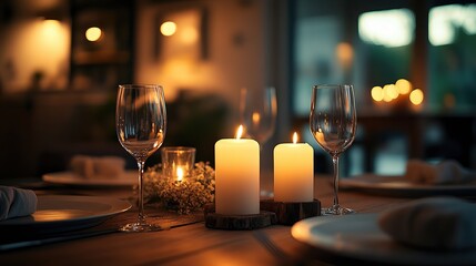  Cozy interior scene bathed in soft candlelight, with rustic wooden table set with vintage plates and glasses, surrounded by flickering shadows and inviting warm atmosphere.