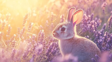 Obraz premium Cute bunny rabbit in lavender field at sunset. (1)
