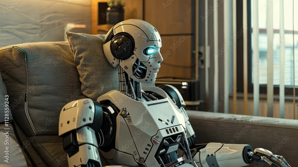 Aufkleber robot is sitting on a couch with its head on a pillow. the robot is white and has a blue face. the r