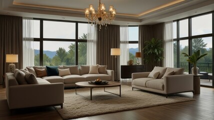 Fototapeta premium Luxurious living room with mountain views.