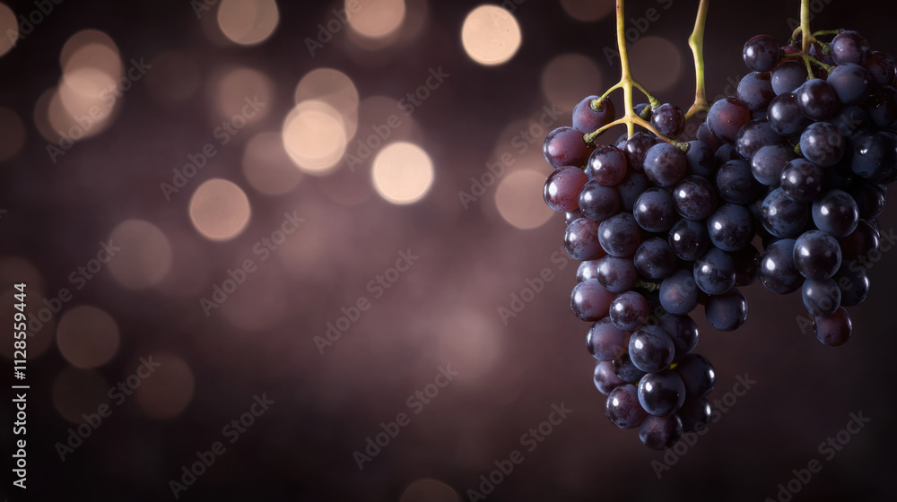 Poster surreal composition of grape clusters hanging in soft light, creating dreamy atmosphere