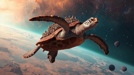 A cosmic turtle glides through space, showcasing an imaginative blend of marine life and celestial elements against a vibrant backdrop.