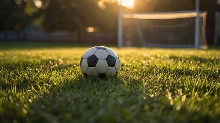 Fototapeta premium Football on fresh grass, waiting for action in golden light.