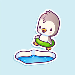 Vector sticker design with a cute little penguin walking toward the ice hole with a swimming circle. Funny cartoon animal character. Winter children's illustration.