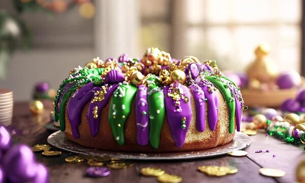 Mardi Gras purple and green cake with gold sprinkles on top. The cake is sitting on a table with a bunch of gold coins scattered around it