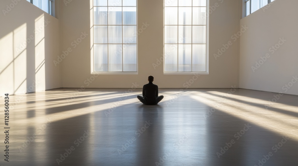 Poster solitary individual sits on the floor of an expansive gallery, surrounded by blank walls and large w