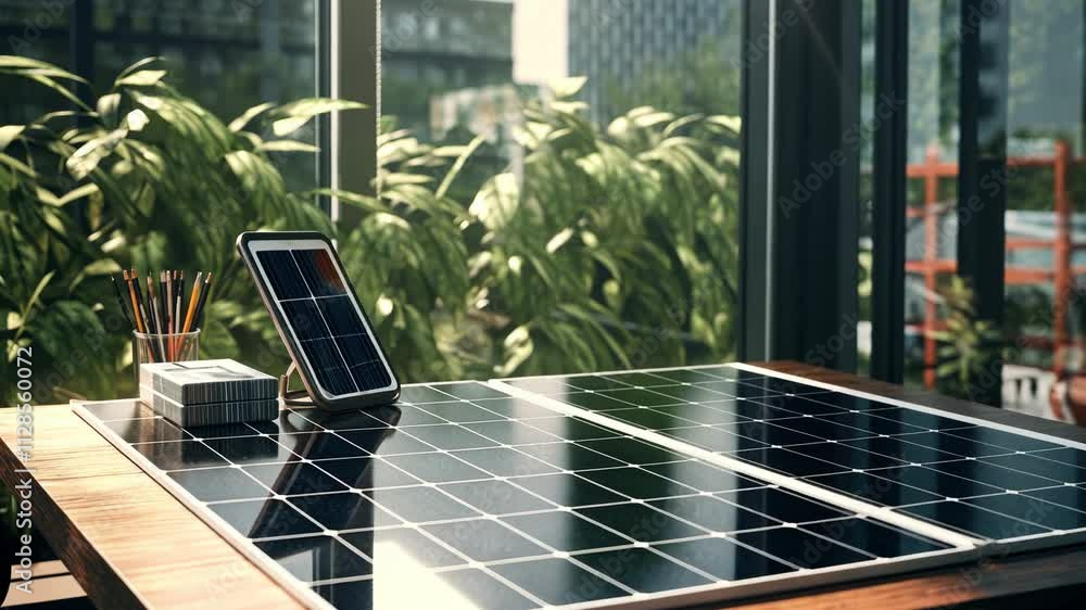 Poster solar panel sits on a table next to a cell phone and a pencil. the scene is set in a room with a vie