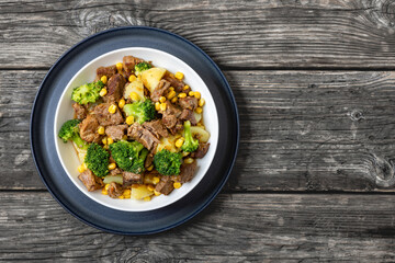 Beef Steak broccoli potato corn stew in bowl
