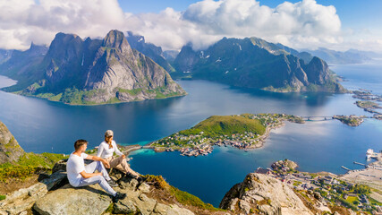 Couples Summit View of Lofoten Islands, Norway, Reinebringen, Lofoten, Norway