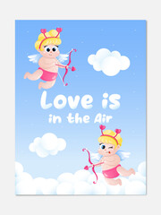 Valentine's day card template with cute cupids, cartoon design. Valentine's Day Flyer