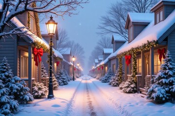 Winter holiday street with festive lights and decorations