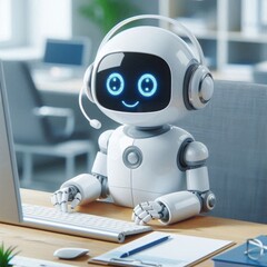 A small robot talks and works on a laptop. Small cut robot speak 
