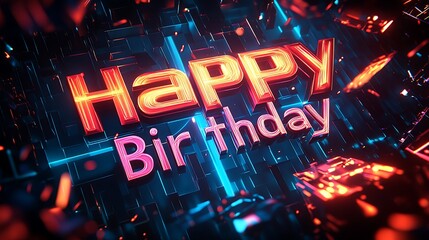 A futuristic kirigami design of "Happy Birthday" with letters built from angular geometric patterns, clean lines, and glowing edges, set against a sleek metallic background, hd quality,