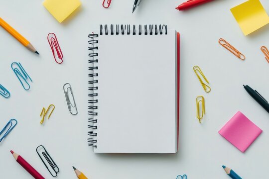 Vibrant office supplies like pens, pencils, and sticky notes surround a blank notebook on a tidy desk, perfect for jotting ideas. Generative AI