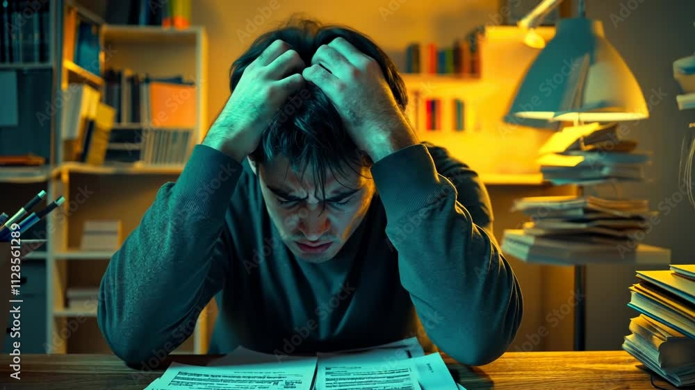 Aufkleber man is sitting at a desk with a pile of papers in front of him. he is looking at the papers with a w