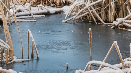 Fototapeta premium Winter Scene: Frosty Marsh with Frozen Water and Cattails. Breathtaking winter landscape featuring frosty cattails and frozen water in a serene marsh environment.