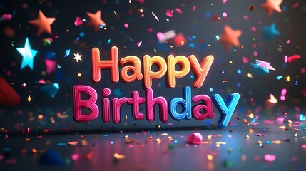 A graceful kirigami artwork of "Happy Birthday" featuring bold letters embedded in layered rainbow arches, vibrant colors and glowing highlights creating depth,