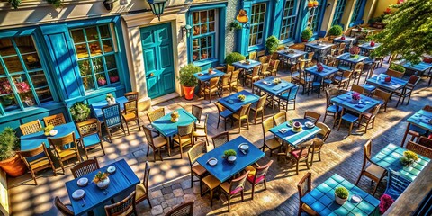 Obraz premium Aerial View of a Charming Restaurant with a Row of Tables and Chairs Beside Blue Windows, Perfect for Capturing the Essence of Dining and Atmosphere in a Cozy Setting