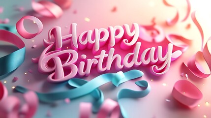 A graceful kirigami design of "Happy Birthday" where letters flow like ribbons in elegant curls, soft gradients adding depth, set against a pastel gradient background with glowing light accents,