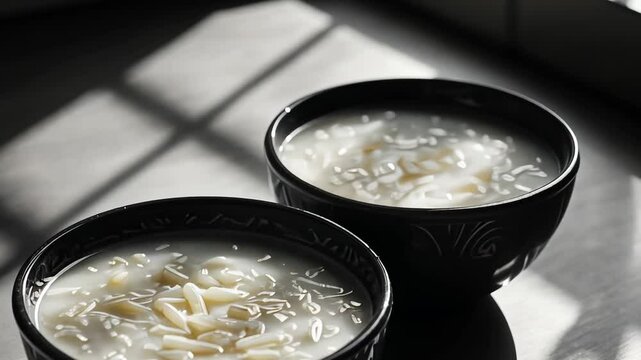 Two bowls of white soup with rice in them. The bowls are black and placed on a table