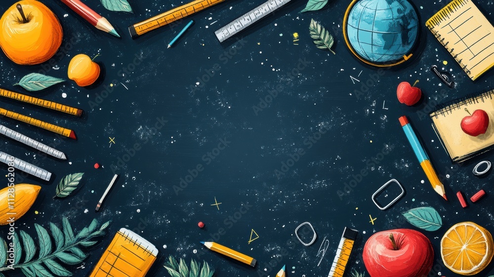 Poster vector frame border for education in schools featuring a globe pencils rulers right angles apples cl