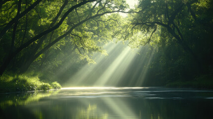 serene river scene with sunlight filtering through lush green trees, creating tranquil atmosphere. calm water reflects surrounding nature beautifully